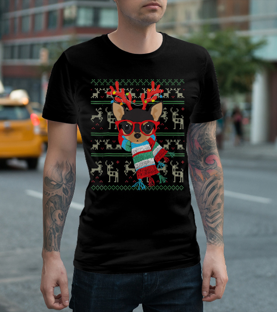 Dog Lover Chihuahua with Glasses and Reindeer Antlers in Festive Scarf T-Shirt