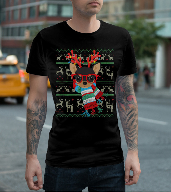 Dog Lover Chihuahua With Glasses And Reindeer Antlers In Festive Scarf T-Shirt