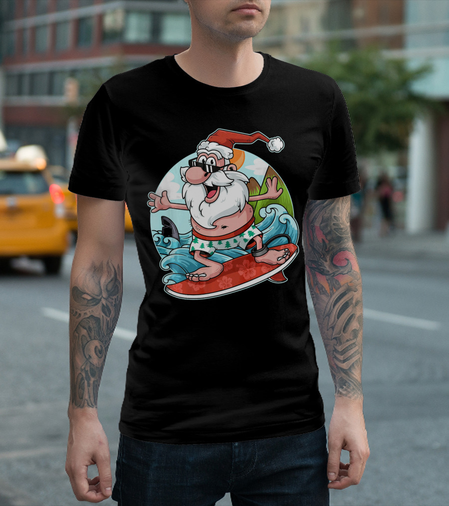 Surfing Santa Riding Waves Christmas in July Tropical Fun T-Shirt