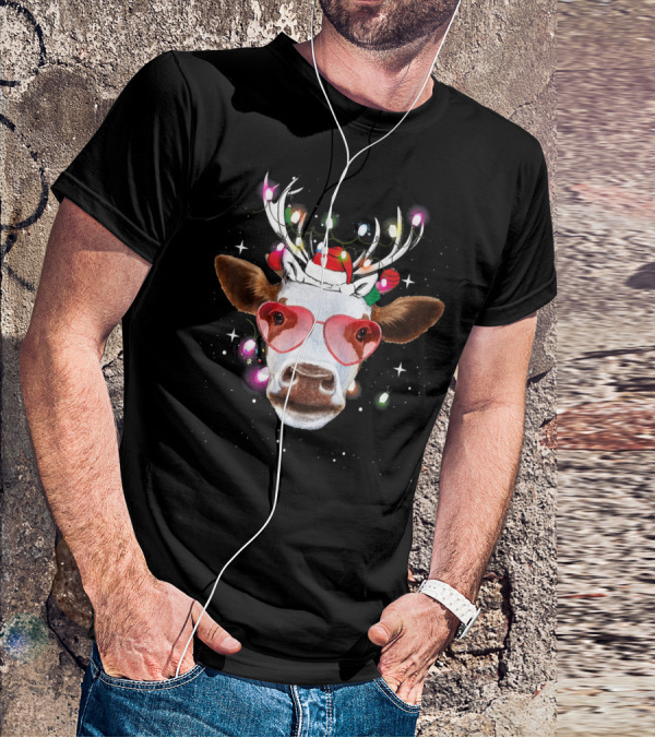 Cow With Antlers Heart Glasses And Christmas Lights T-Shirt