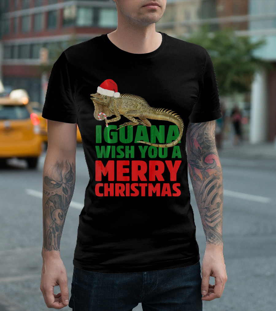 Iguana Wish You A Merry Christmas Santa Hat Candy Cane T-Shirt