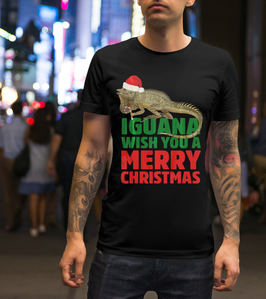 Iguana Wish You A Merry Christmas Santa Hat Candy Cane T-Shirt