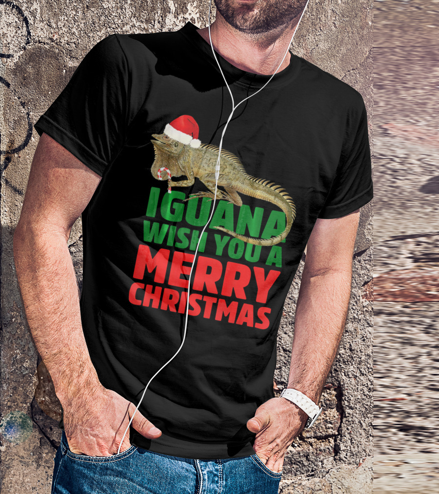 Iguana Wish You A Merry Christmas Santa Hat Candy Cane T-Shirt