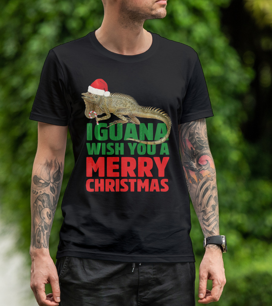 Iguana Wish You A Merry Christmas Santa Hat Candy Cane T-Shirt