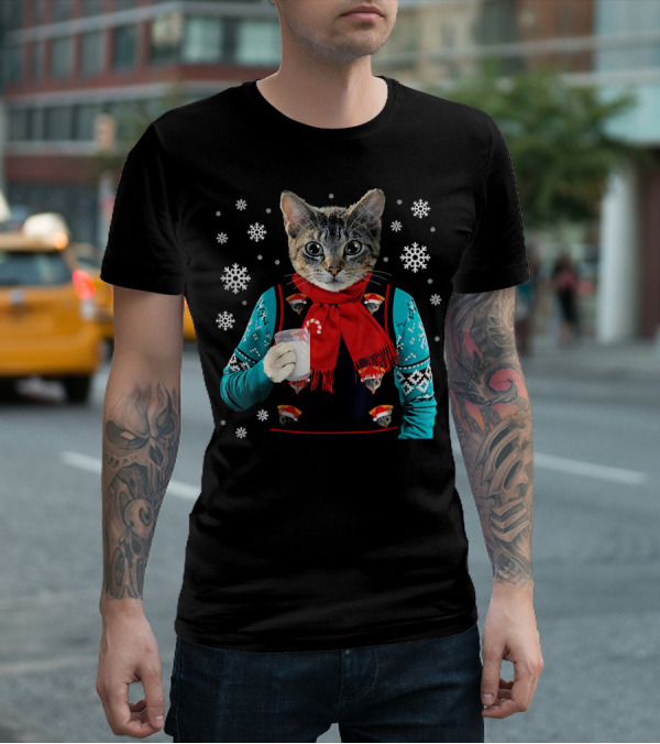 Hipster Cat Wearing Festive Sweater With Red Scarf And Holding Milk T-Shirt
