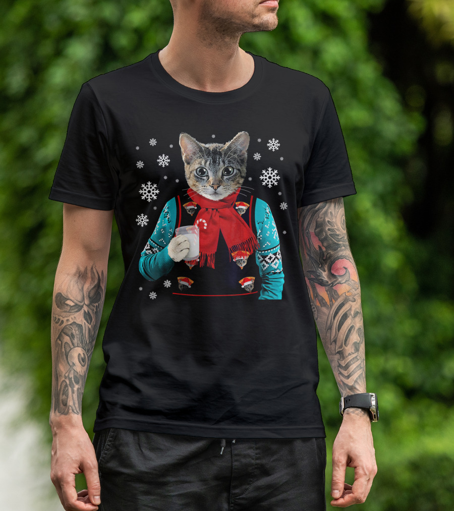 Hipster Cat Wearing Festive Sweater With Red Scarf And Holding Milk T-Shirt