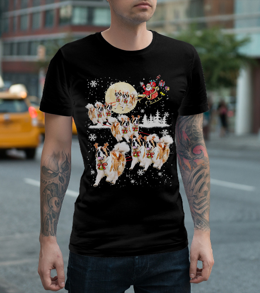 St Bernard Reindeer Christmas Santa Sleigh Nice Dog T-Shirt