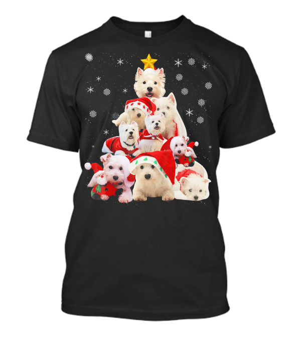Westie Dogs In Holiday Hats Forming Christmas Tree With Snowflakes And Star T-Shirt