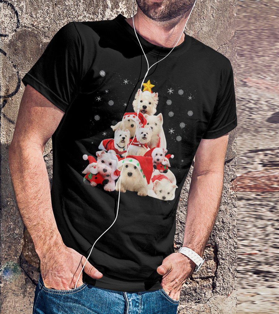 Westie Dogs In Holiday Hats Forming Christmas Tree With Snowflakes And Star T-Shirt