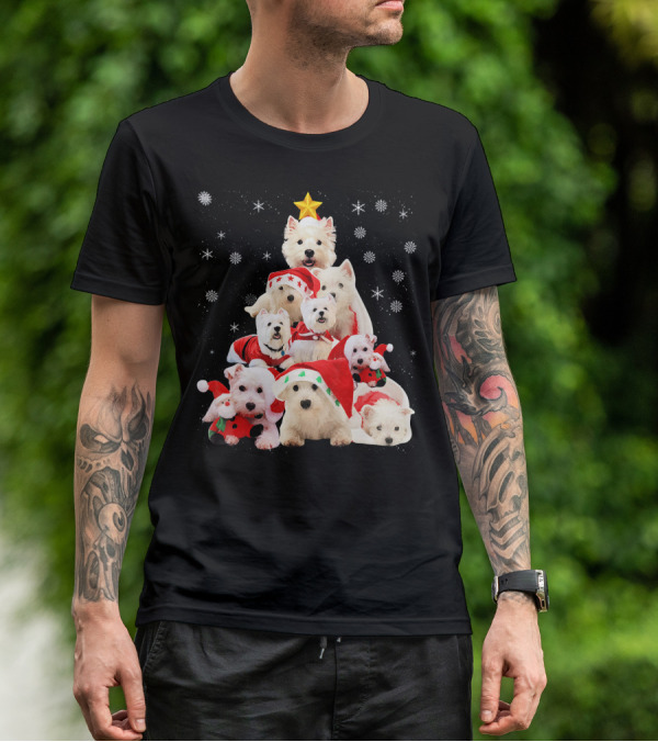 Westie Dogs In Holiday Hats Forming Christmas Tree With Snowflakes And Star T-Shirt