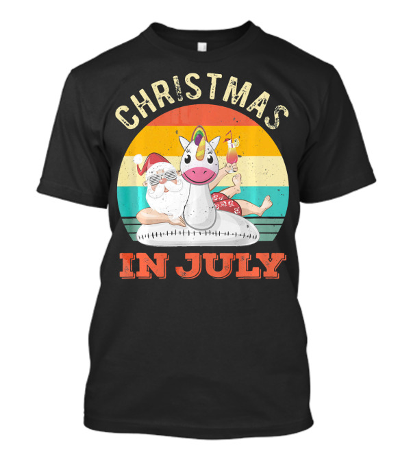Christmas In July Vintage Santa With Inflatable Unicorn And Drink T-Shirt