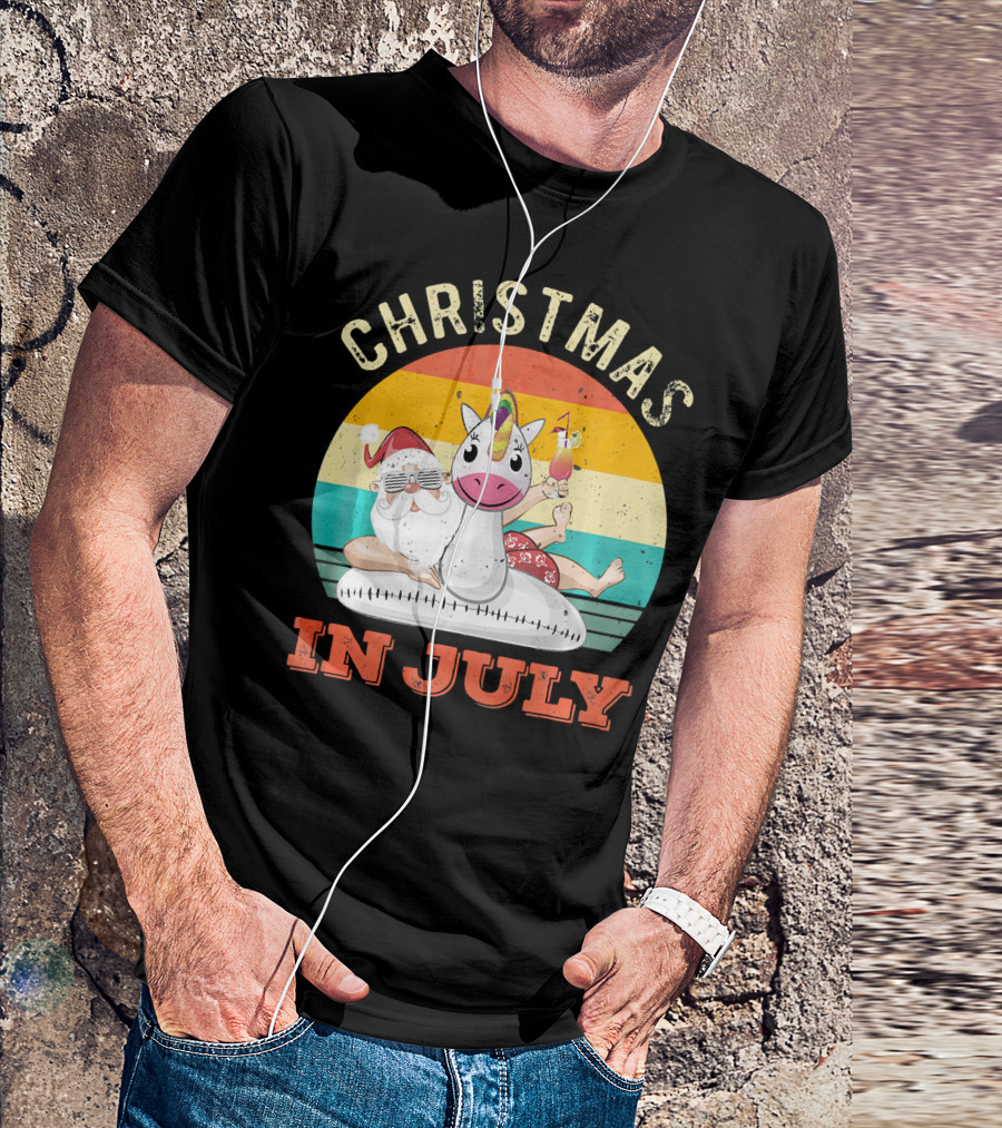 Christmas In July Vintage Santa With Inflatable Unicorn And Drink T-Shirt