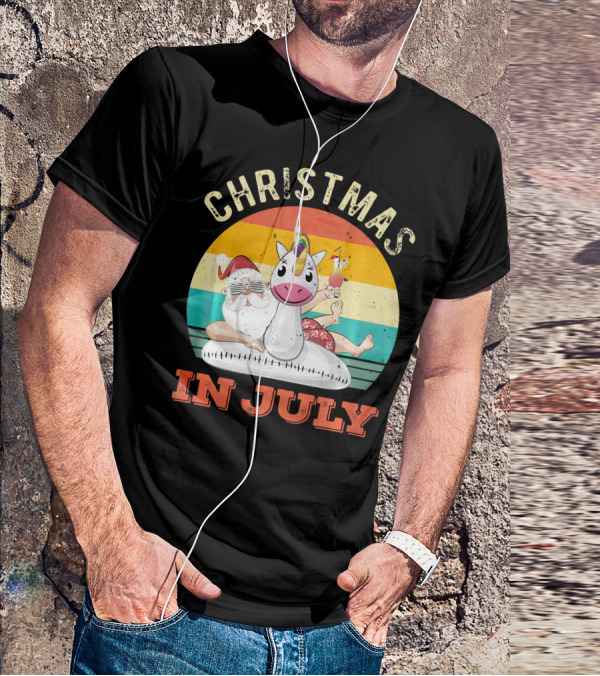 Christmas In July Vintage Santa With Inflatable Unicorn And Drink T-Shirt