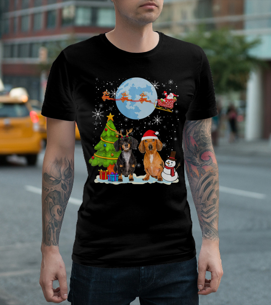 Funny Dachshund Christmas Santa Moon Reindeers Tree Snowman T-Shirt