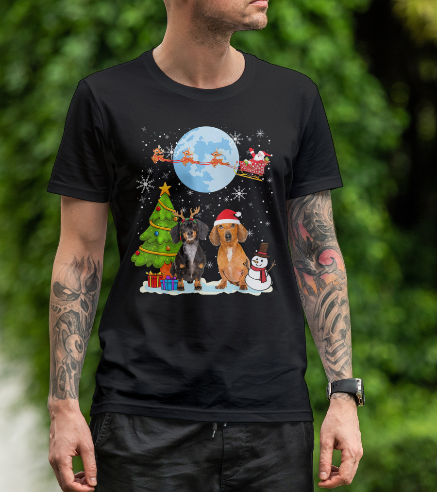 Funny Dachshund Christmas Santa Moon Reindeers Tree Snowman T-Shirt