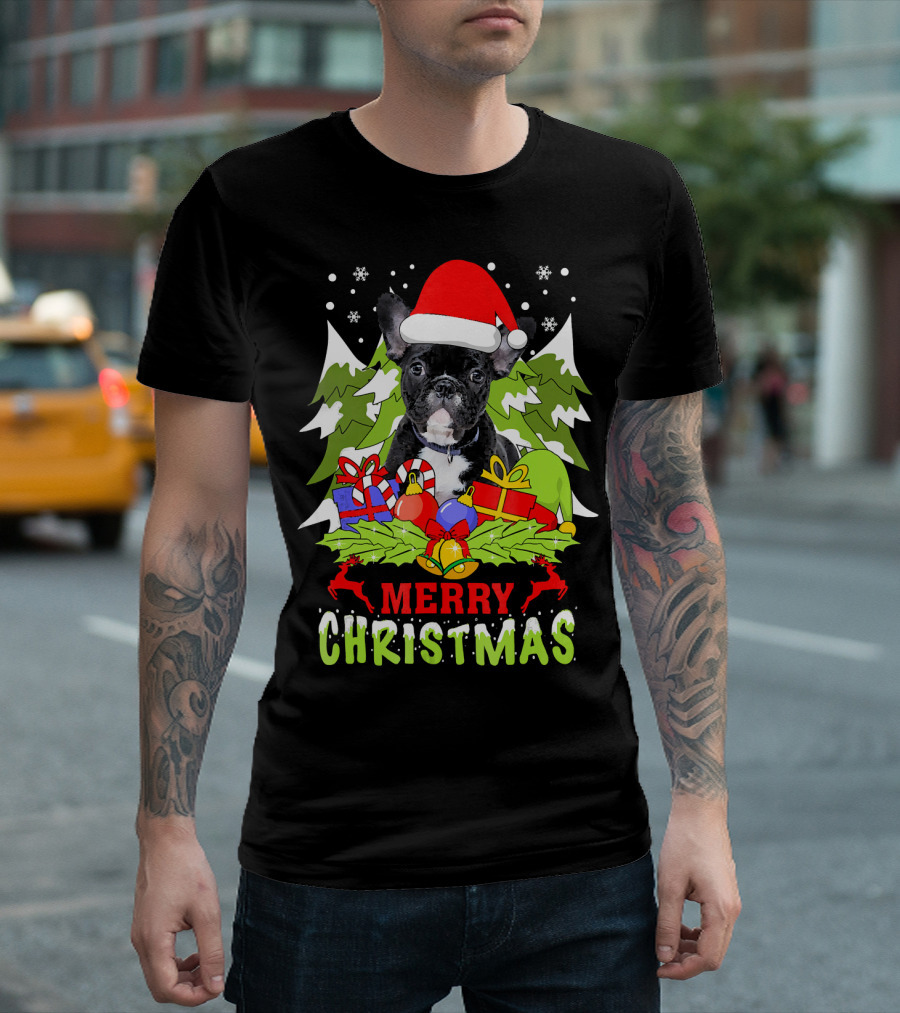 Merry Christmas French Bulldog Santa Hat Gifts Snowflakes T-Shirt
