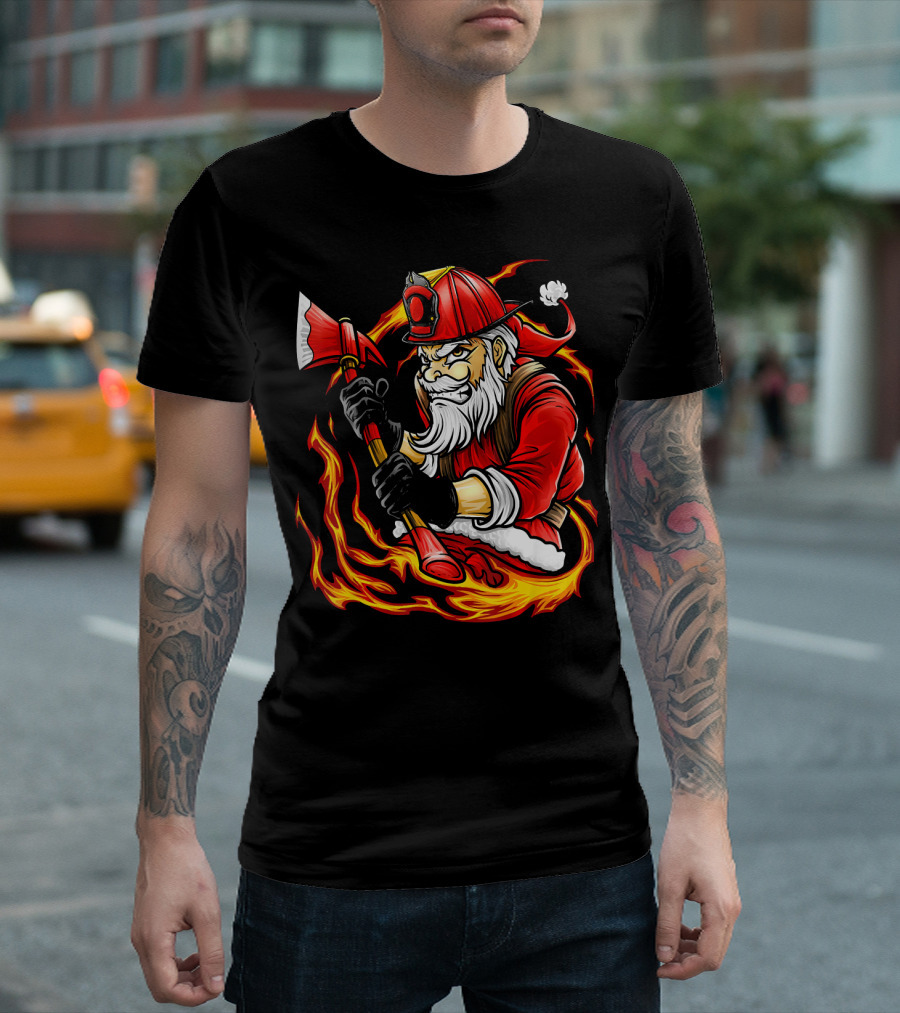 Firefighter Santa with Axe Surrounded by Flames T-Shirt