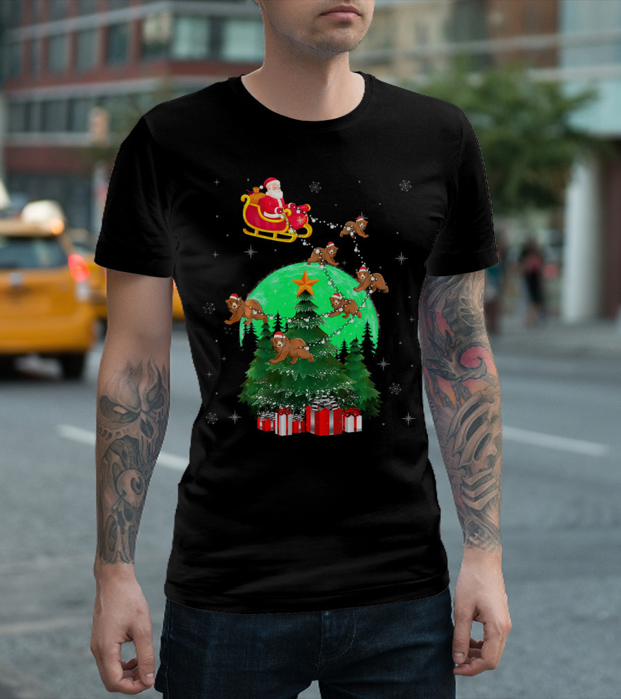 Santa Claus With Bears And Sleigh Over Christmas Tree And Presents T-Shirt