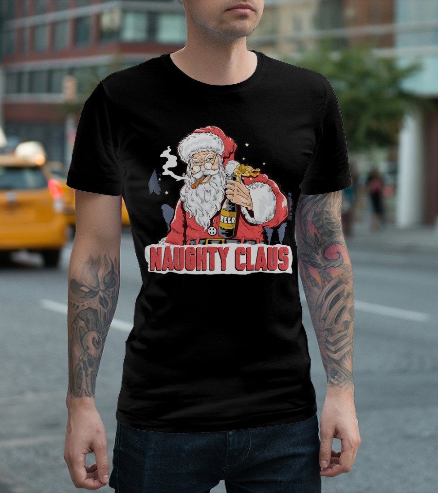 Naughty Claus Santa With Beer Funny Humor XMAS T-Shirt