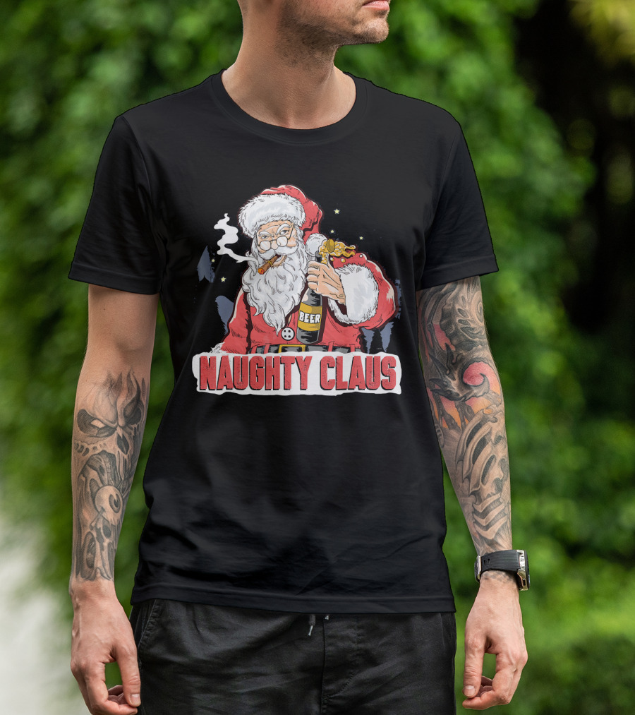 Naughty Claus Santa With Beer Funny Humor XMAS T-Shirt