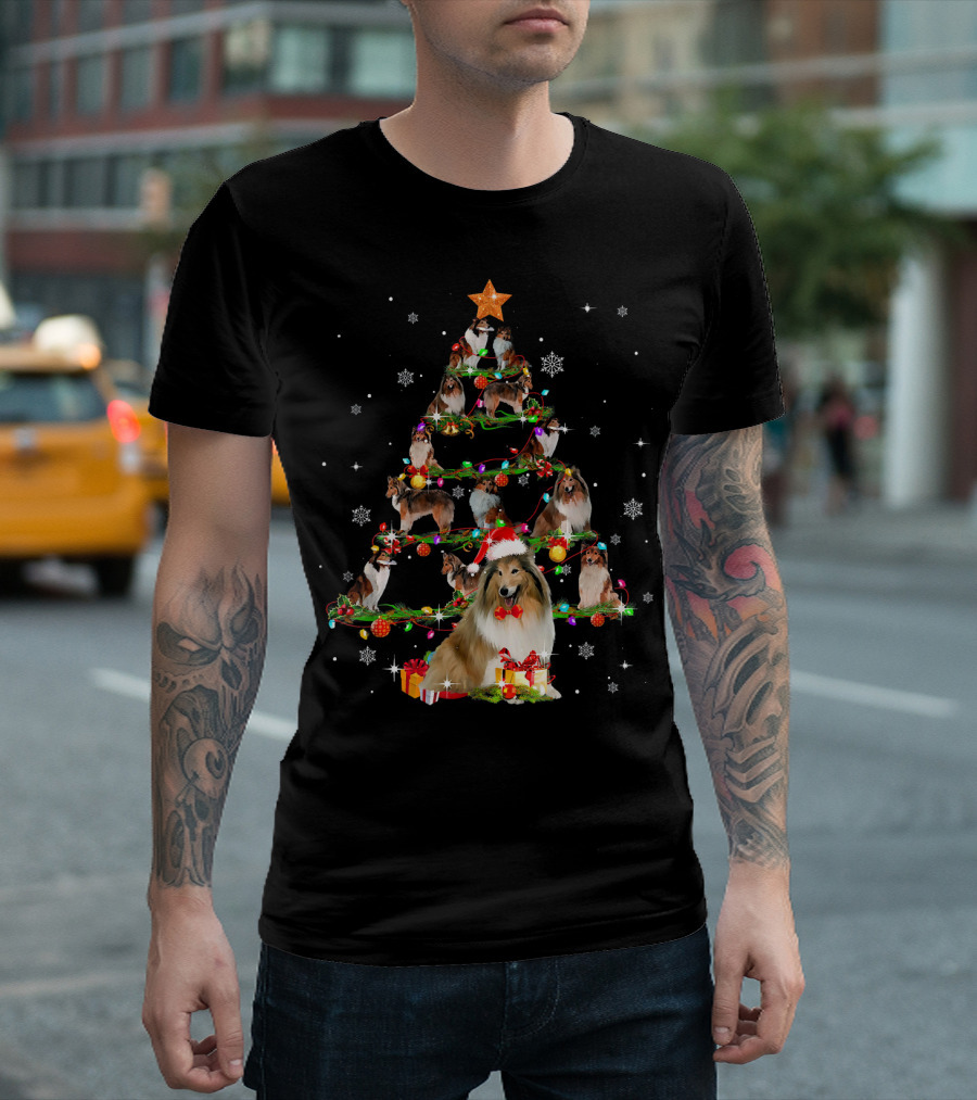 Rough Collie Christmas Tree with Santa Hat and Gifts T-Shirt