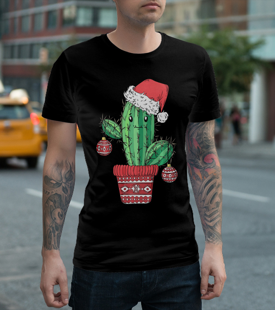 Cactus Christmas Tree Santa Hat Festive Ornaments T-Shirt
