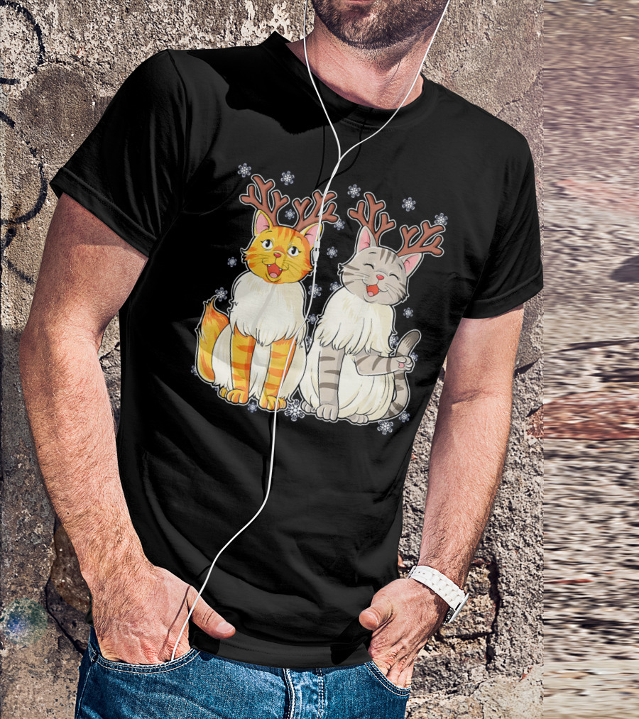 Funny Christmas Cat Reindeer With Snowflakes T-Shirt