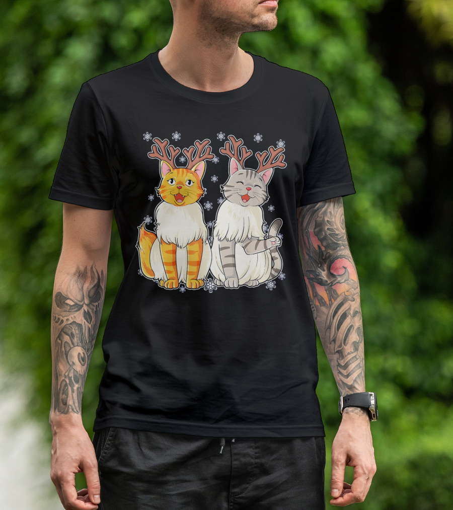 Funny Christmas Cat Reindeer With Snowflakes T-Shirt