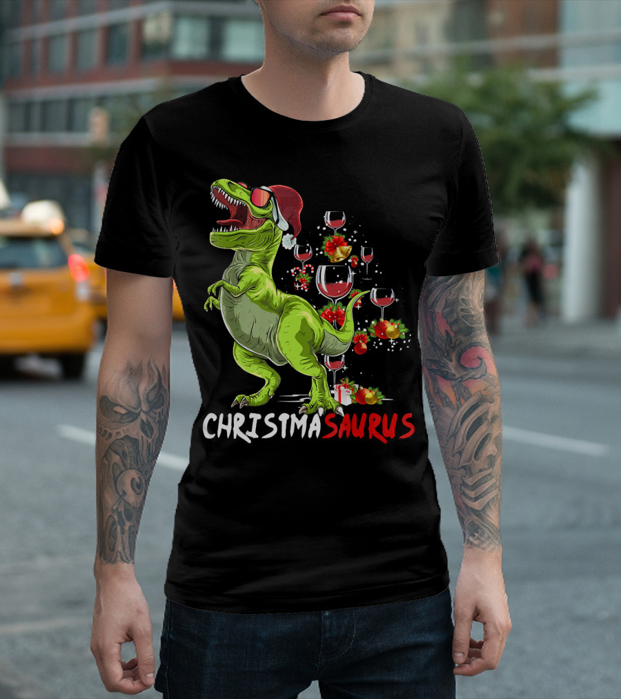 Christmasaurus T-Rex Santa Hat Wine Ornaments T-Shirt