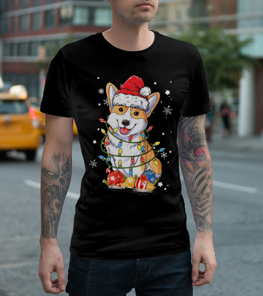 Merry Corgmas Xmas Tree Santa Corgi Wrapped In Christmas Lights And Ornaments T-Shirt