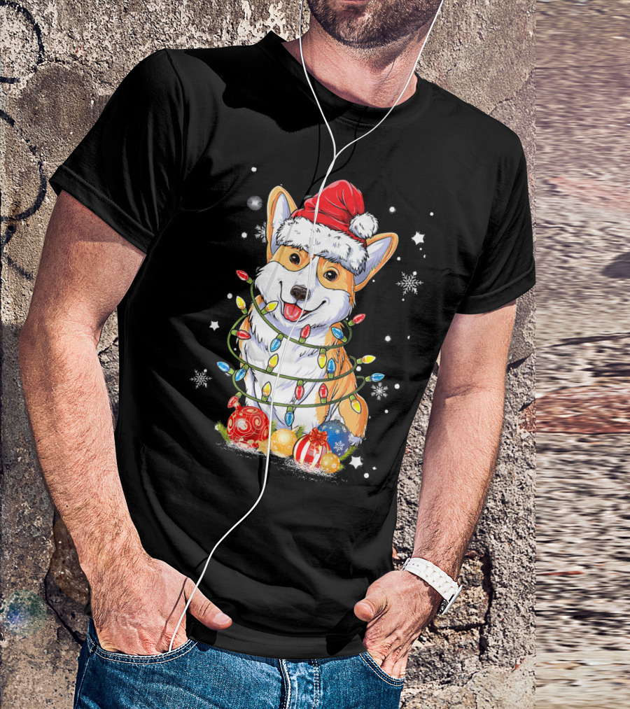 Merry Corgmas Xmas Tree Santa Corgi Wrapped In Christmas Lights And Ornaments T-Shirt
