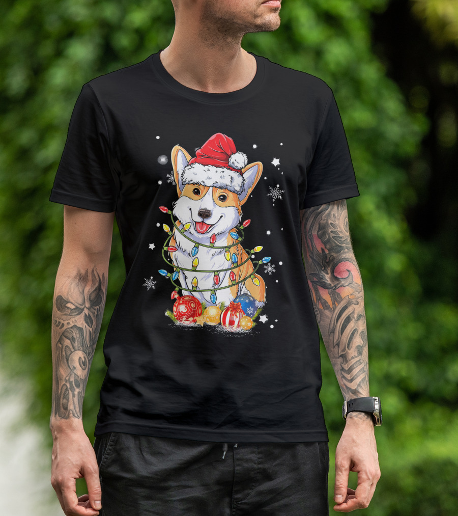 Merry Corgmas Xmas Tree Santa Corgi Wrapped In Christmas Lights And Ornaments T-Shirt
