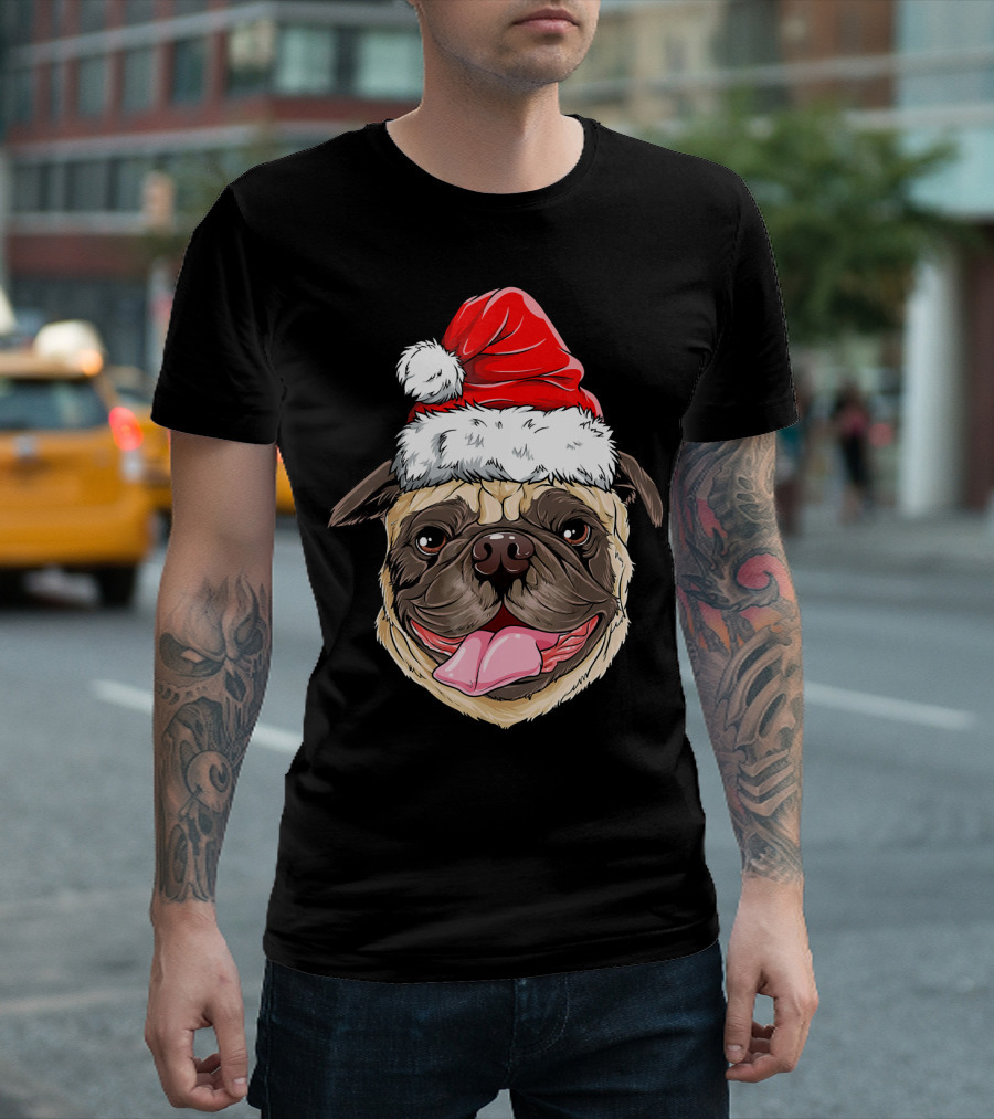 Pug Santa Christmas Hat Joyful Expression T-Shirt