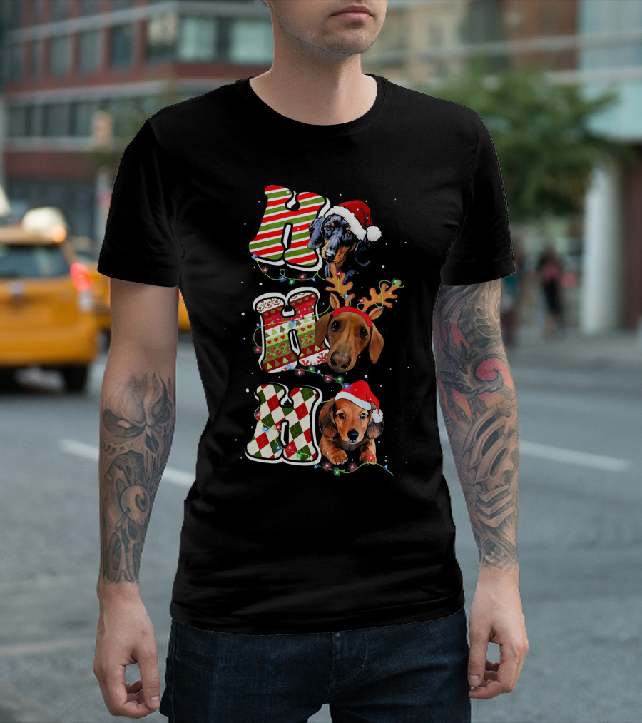 Dachshund Ho Ho Ho Christmas Reindeer Lights Santa Hat T-Shirt