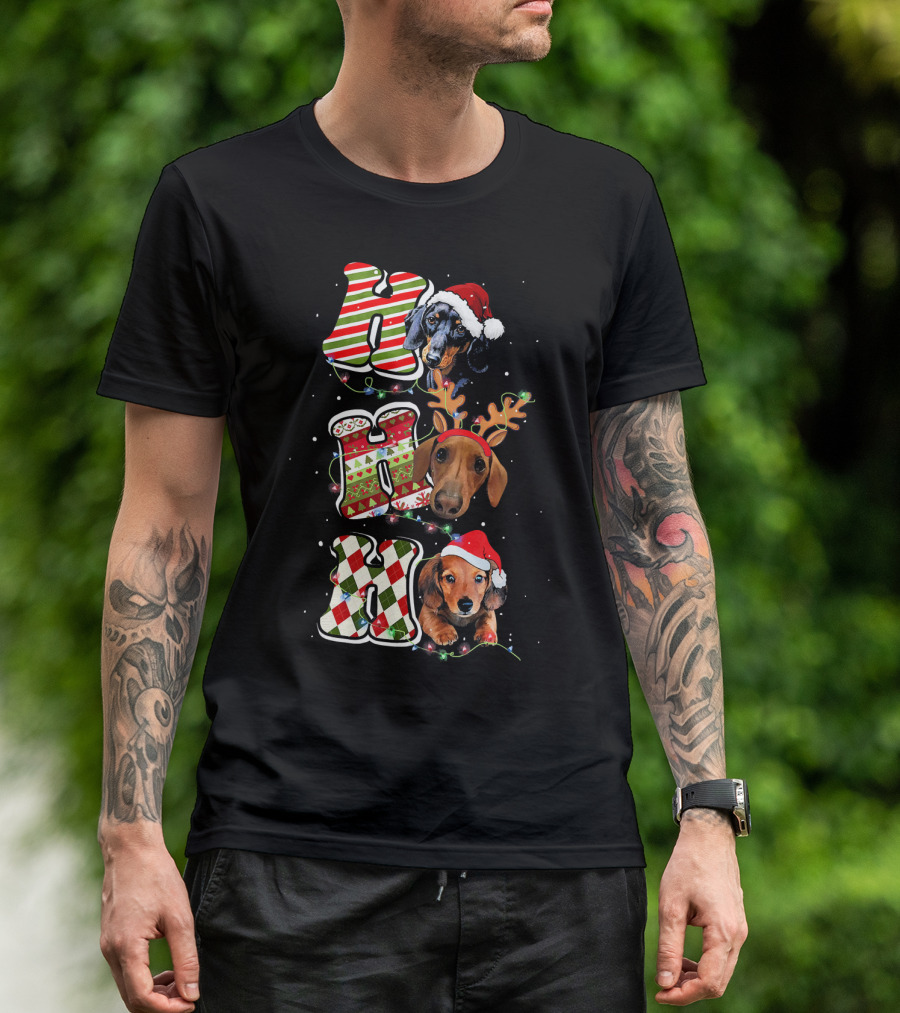 Dachshund Ho Ho Ho Christmas Reindeer Lights Santa Hat T-Shirt