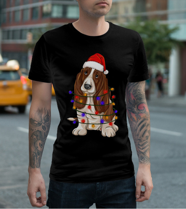 Basset Hound Santa Hat Wrapped In Christmas Lights T-Shirt