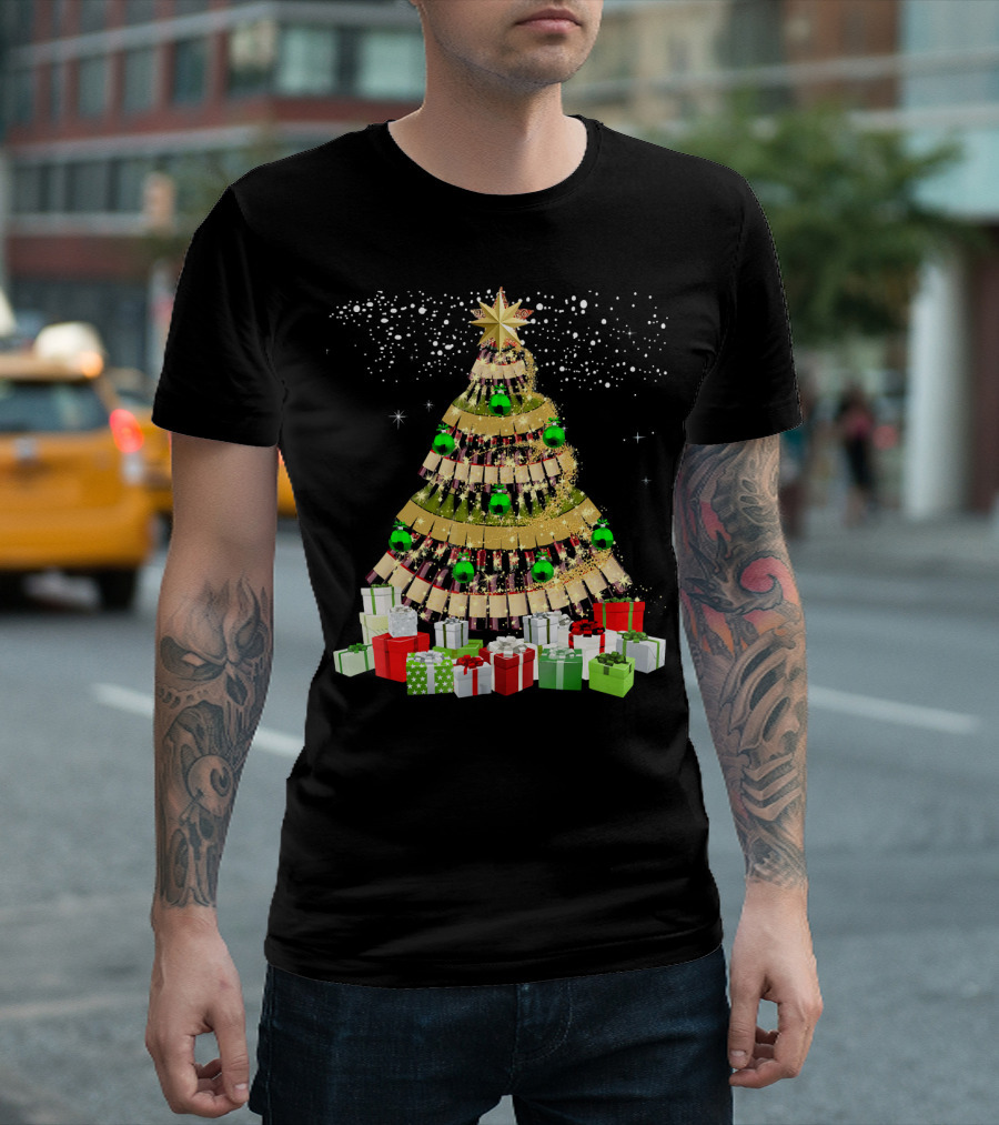 Wine Bottles Christmas Tree with Gifts Snowflakes and Ornaments T-Shirt