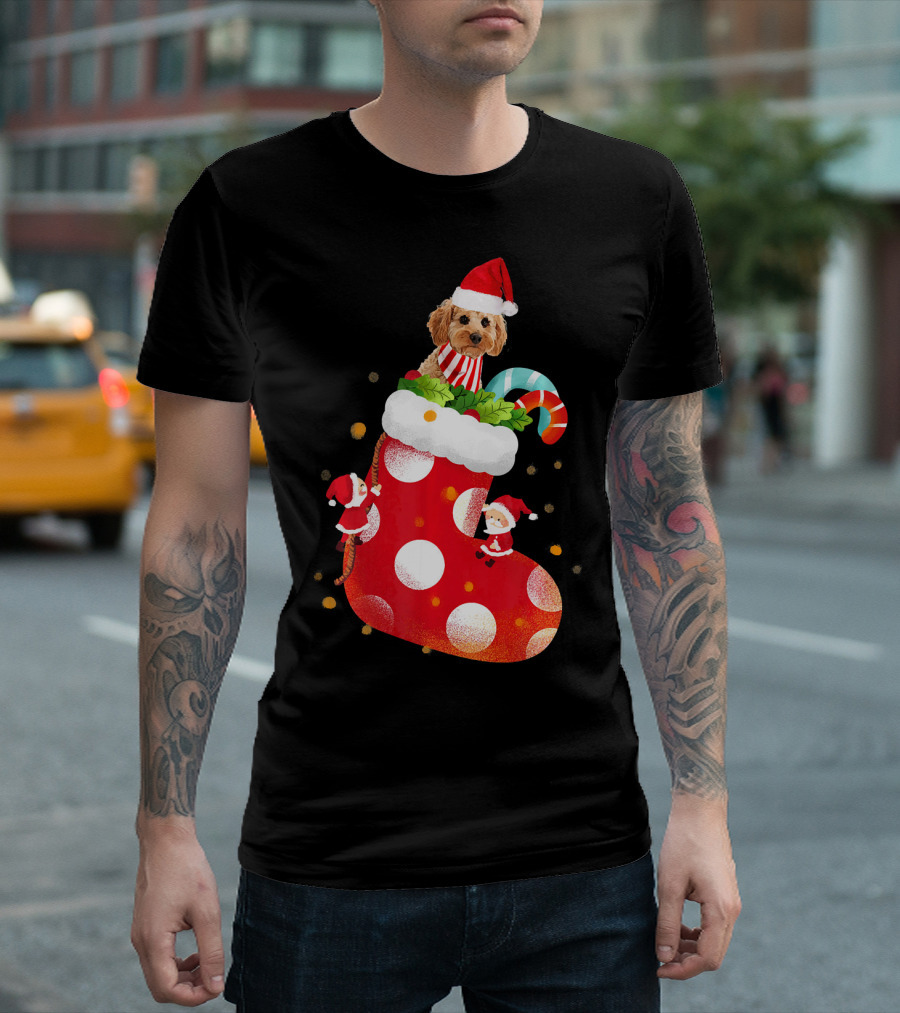 Christmas Cockapoo Dog in Santa Hat with Red Stocking and Candy Cane T-Shirt