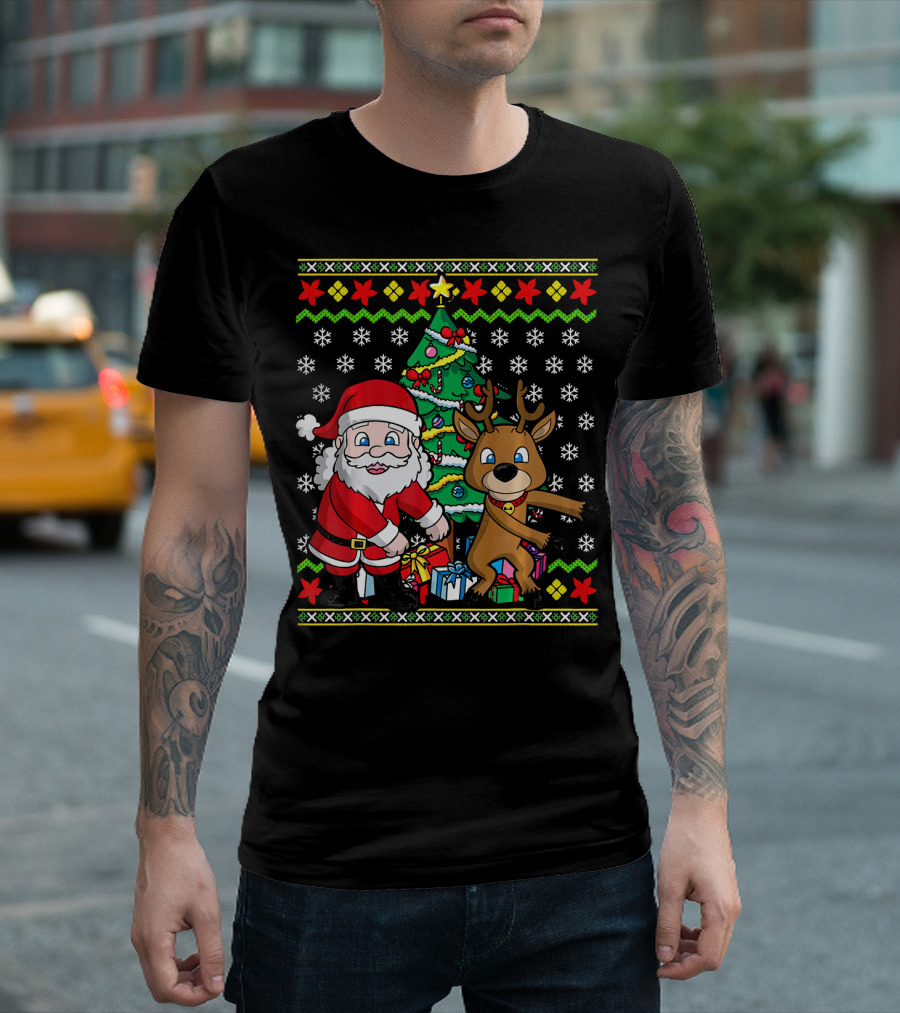 Ugly Christmas Kids Flossing Santa Reindeer Dance With Presents And Tree T-Shirt