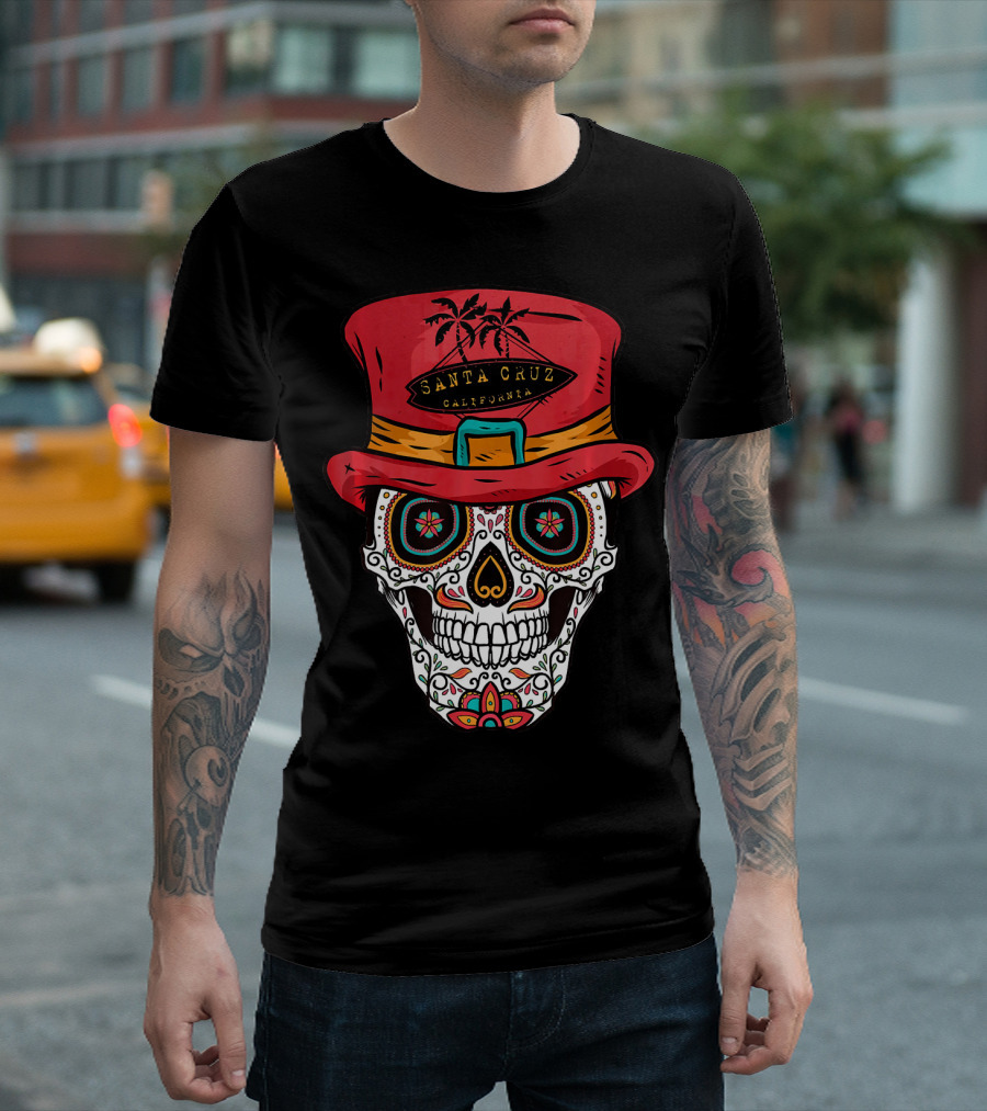 Santa Cruz California Sugar Skull Souvenir with Red Hat and Tropical Palm Trees T-Shirt