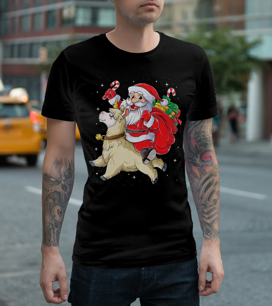 Fa La La Llama Christmas Santa Riding Llama With Candy Canes And Gifts T-Shirt