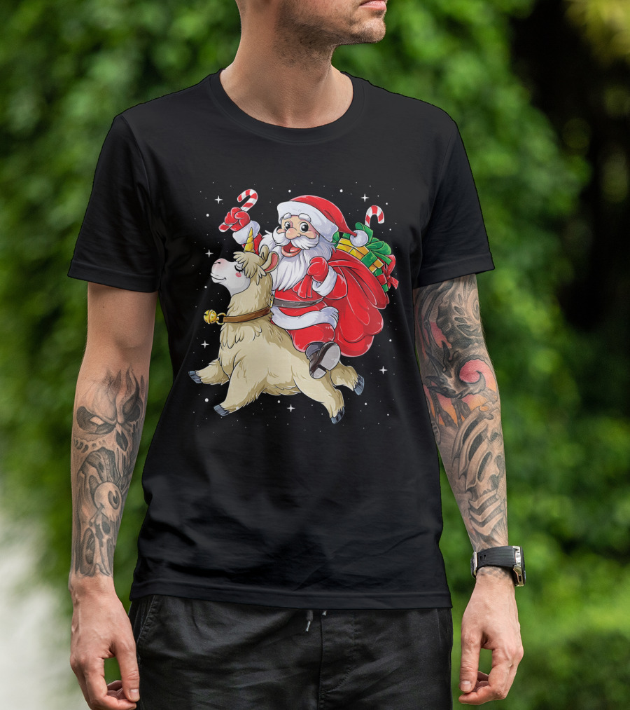 Fa La La Llama Christmas Santa Riding Llama With Candy Canes And Gifts T-Shirt