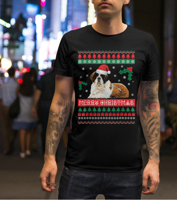 Merry Christmas St Bernard Dog Ugly Sweater Holiday T-Shirt
