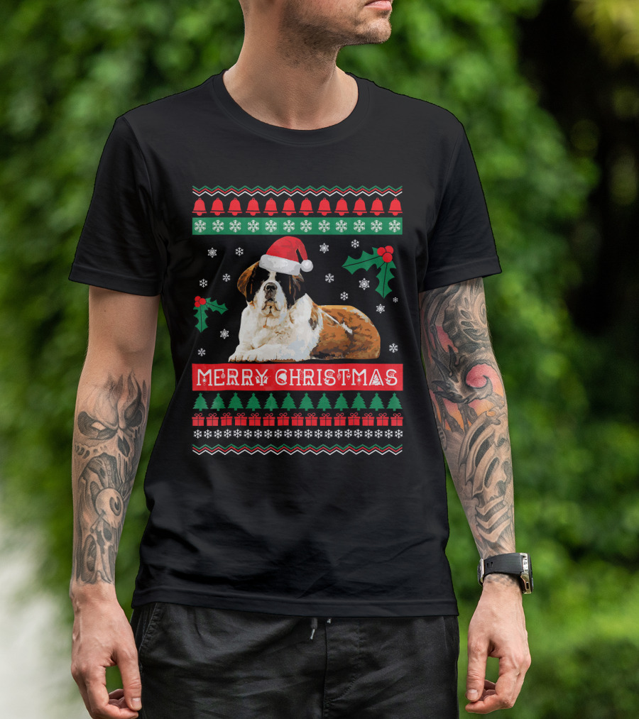 Merry Christmas St Bernard Dog Ugly Sweater Holiday T-Shirt