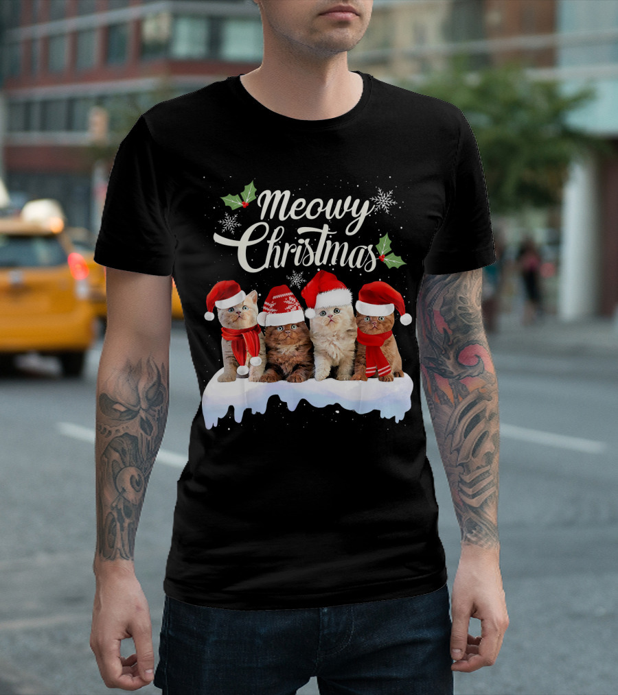 Meowy Christmas Kitten Cat Kitty Snowflake Santa Hat Holly T-Shirt