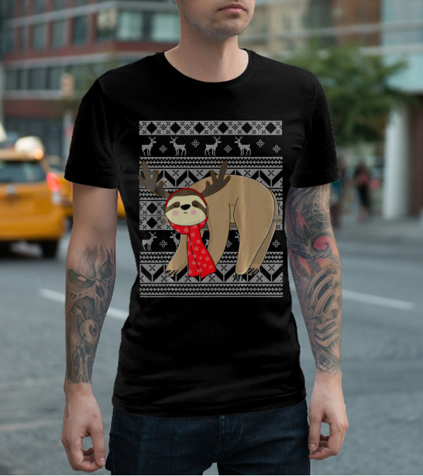 Ugly Christmas Sloth Reindeer Red Scarf Chris T-Shirt