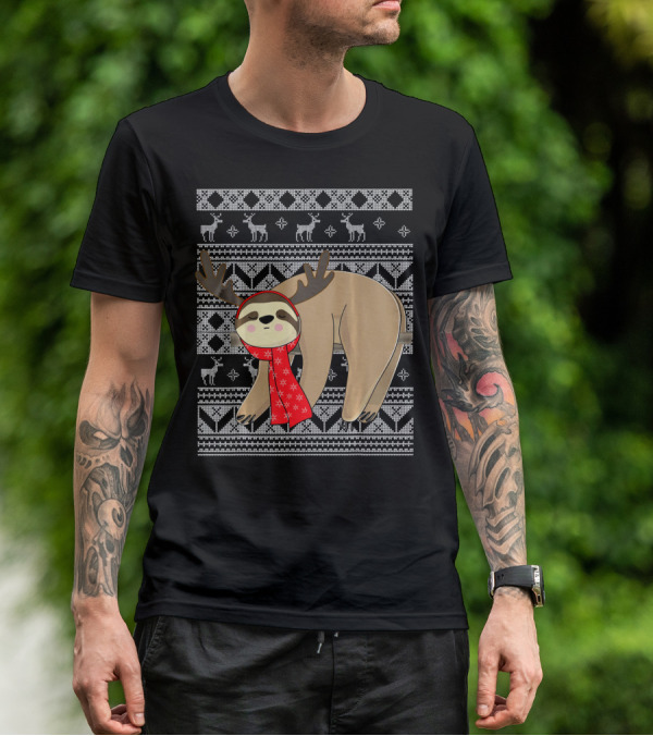 Ugly Christmas Sloth Reindeer Red Scarf Chris T-Shirt