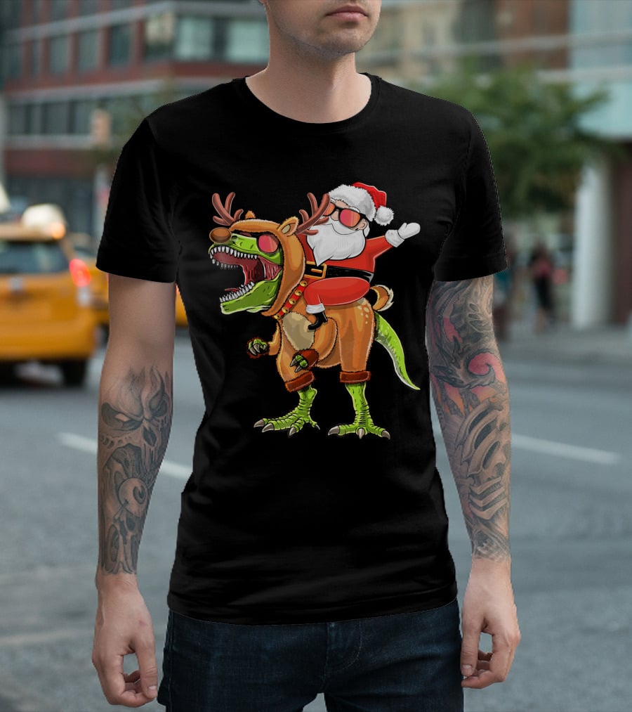 Santa Riding Reindeer Rex Dinosaur with Holiday Cheer T-Shirt