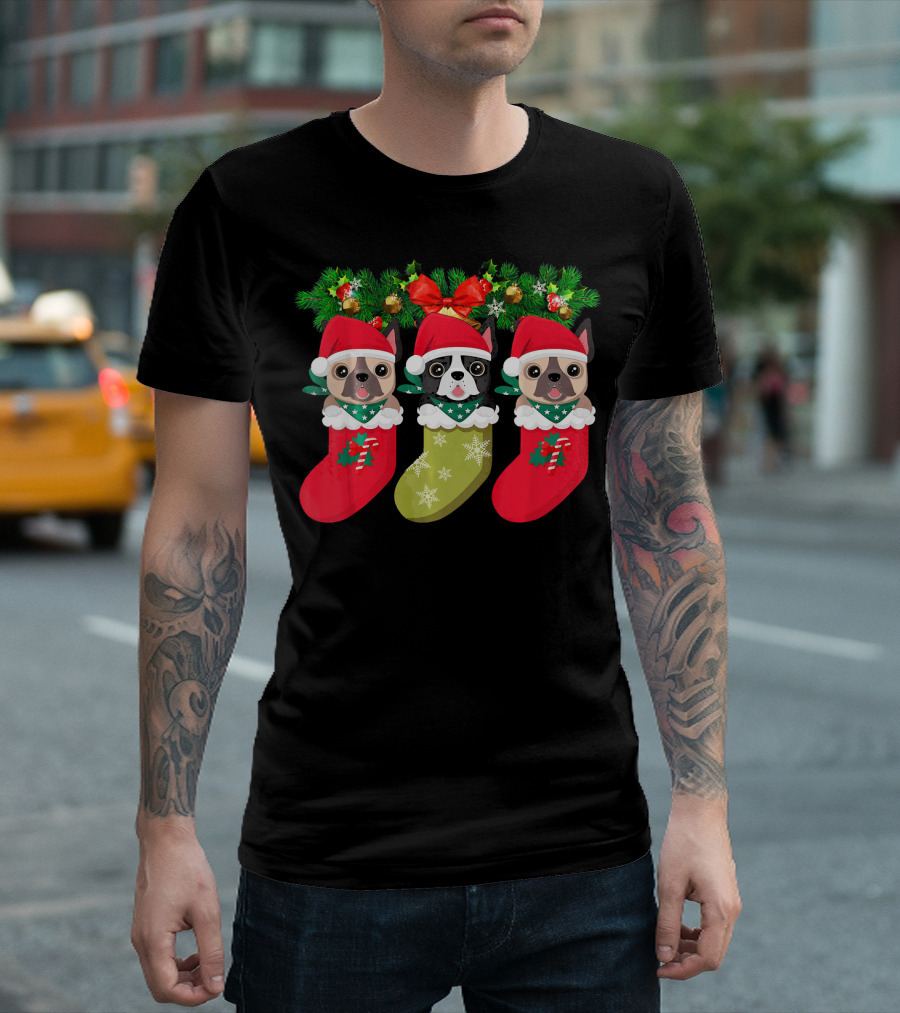 Pug Christmas Socks Festive Dog Stocking Trio With Santa Hats And Holly T-Shirt