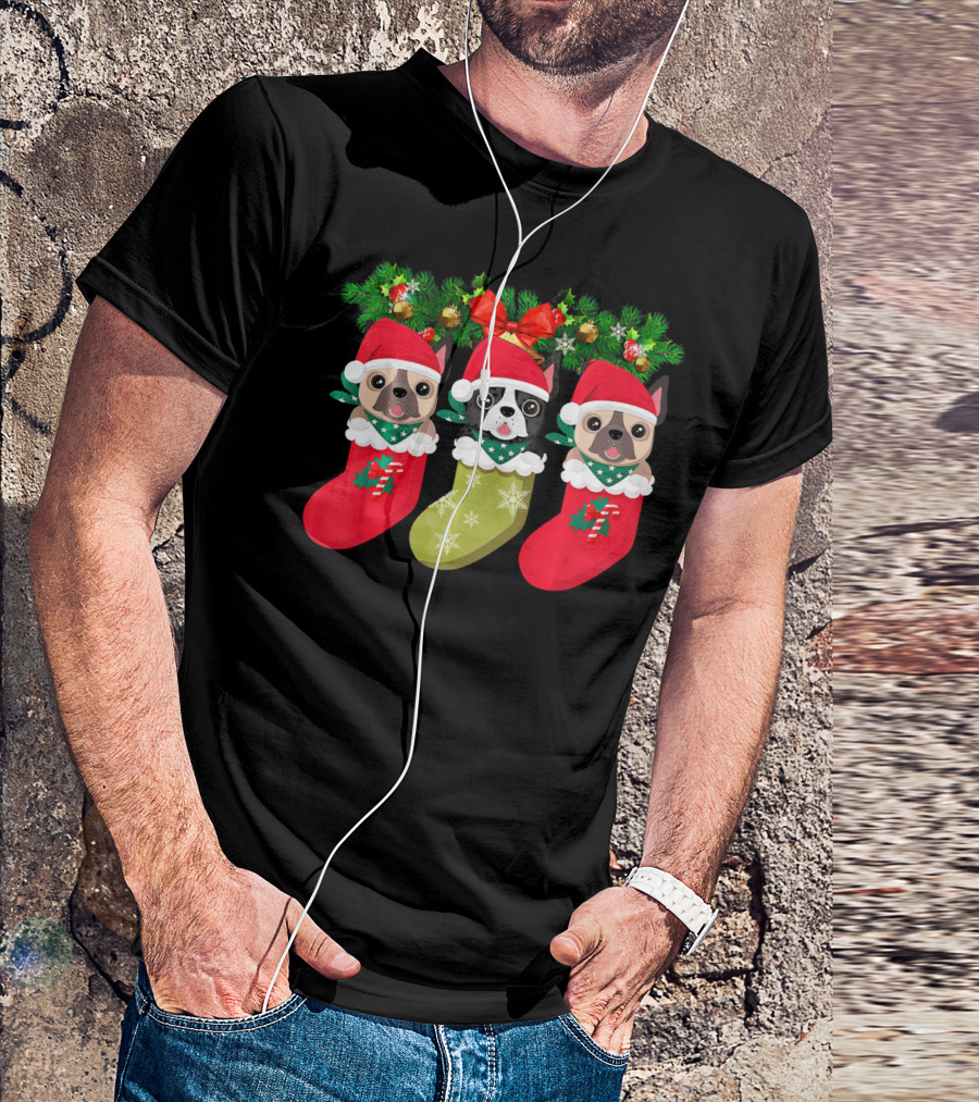 Pug Christmas Socks Festive Dog Stocking Trio With Santa Hats And Holly T-Shirt
